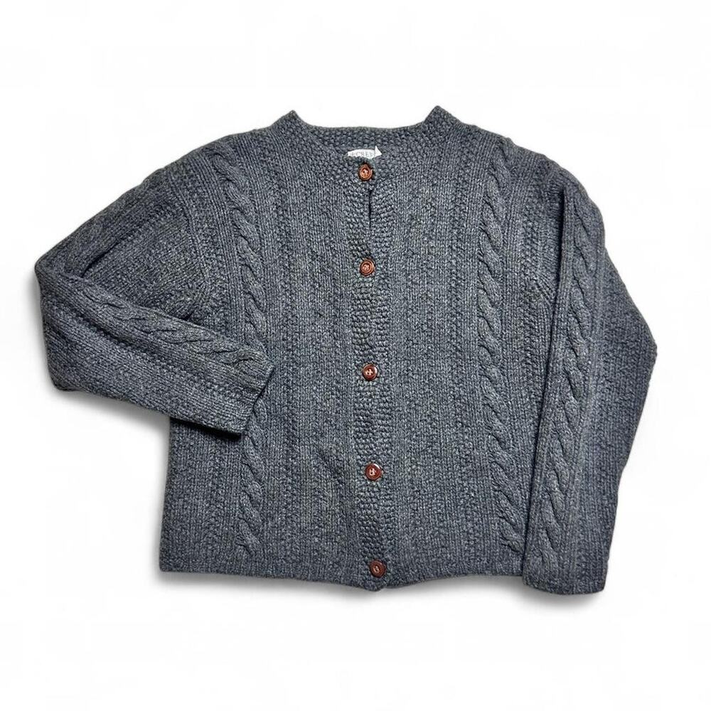 J.Crew 90s Vintage 100% Wool Chunky Knit Boxy Cardigan Grey Sweater Small